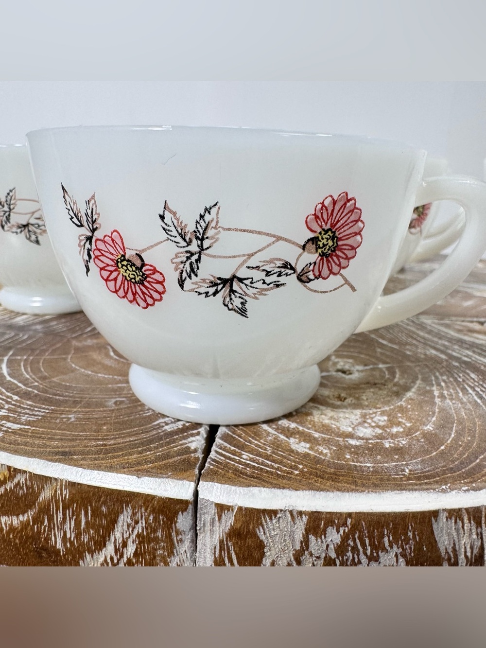 Vintage Fire King Fleurette Milk Glass Floral Coffee Tea Cups Set of 6 MCM